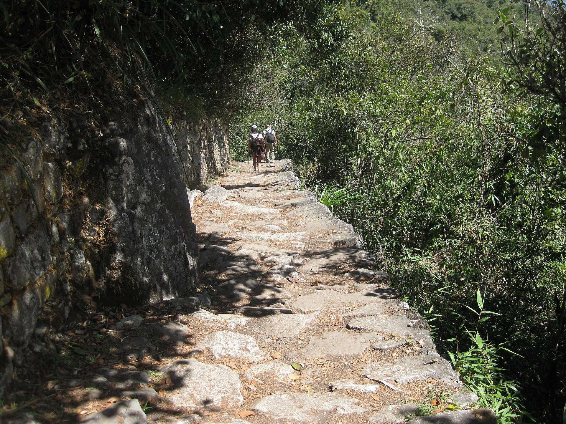 Stone Inca Trail path toward misty Andean peaks near Machu Picchu, Peru