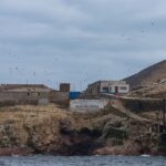 Rocky cliff of the Ballestas Islands seen from the sea, with a welcome sign, old buildings on top and many birds flying under a cloudy sky