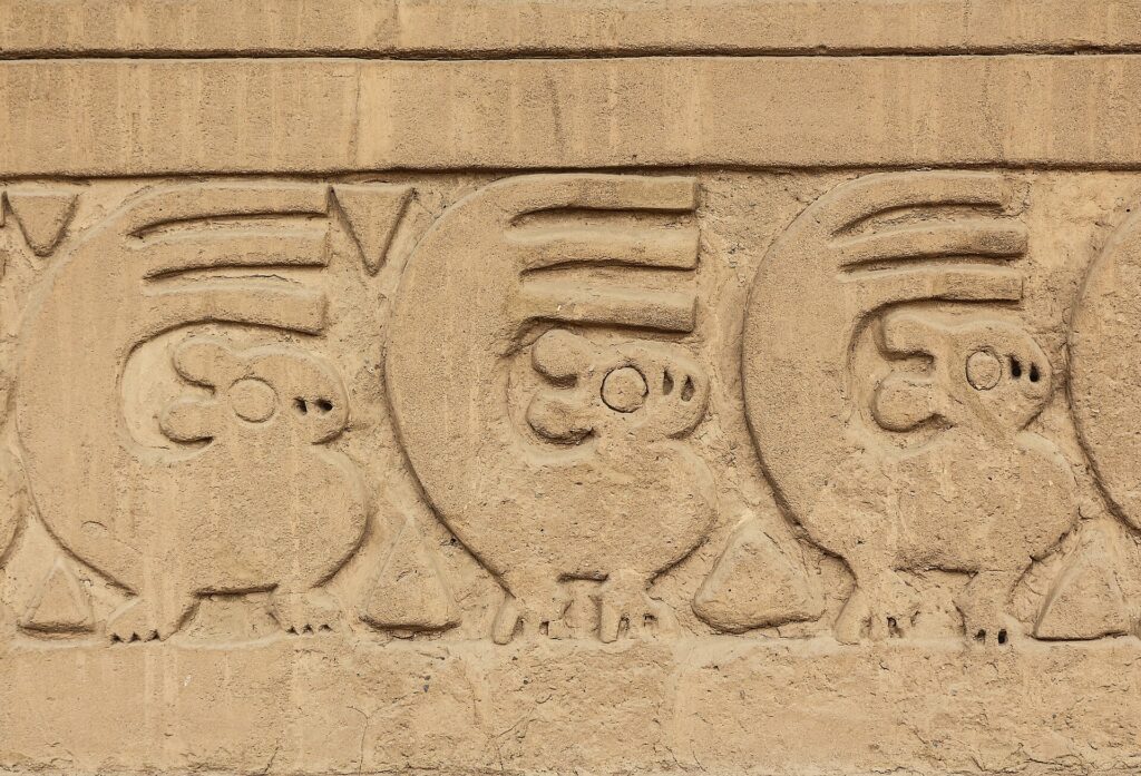 Chan Chan: carved earthen frieze with a row of repeated small animal figures and triangles on a sandy-colored adobe wall